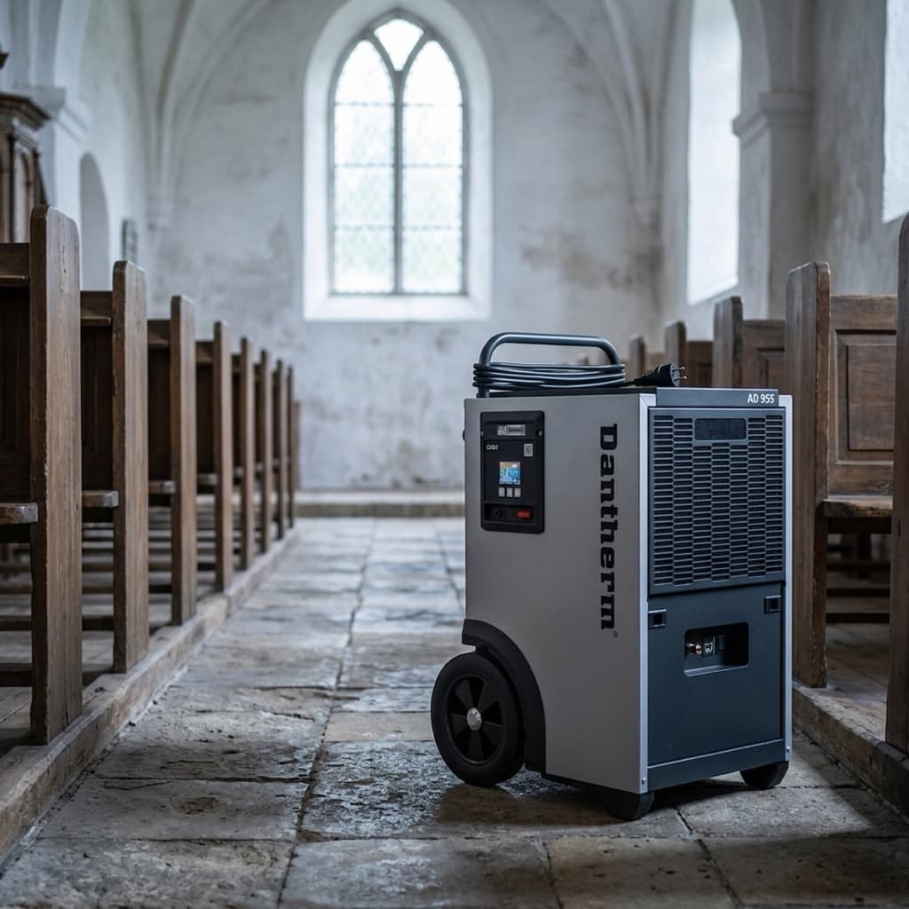 Dantherm AD 975 affugter opstillet i kirkeskib