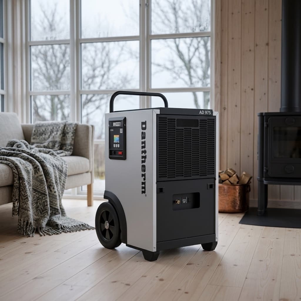Vægmonteret Dantherm affugter i stuen i et lukket sommerhus om vinteren