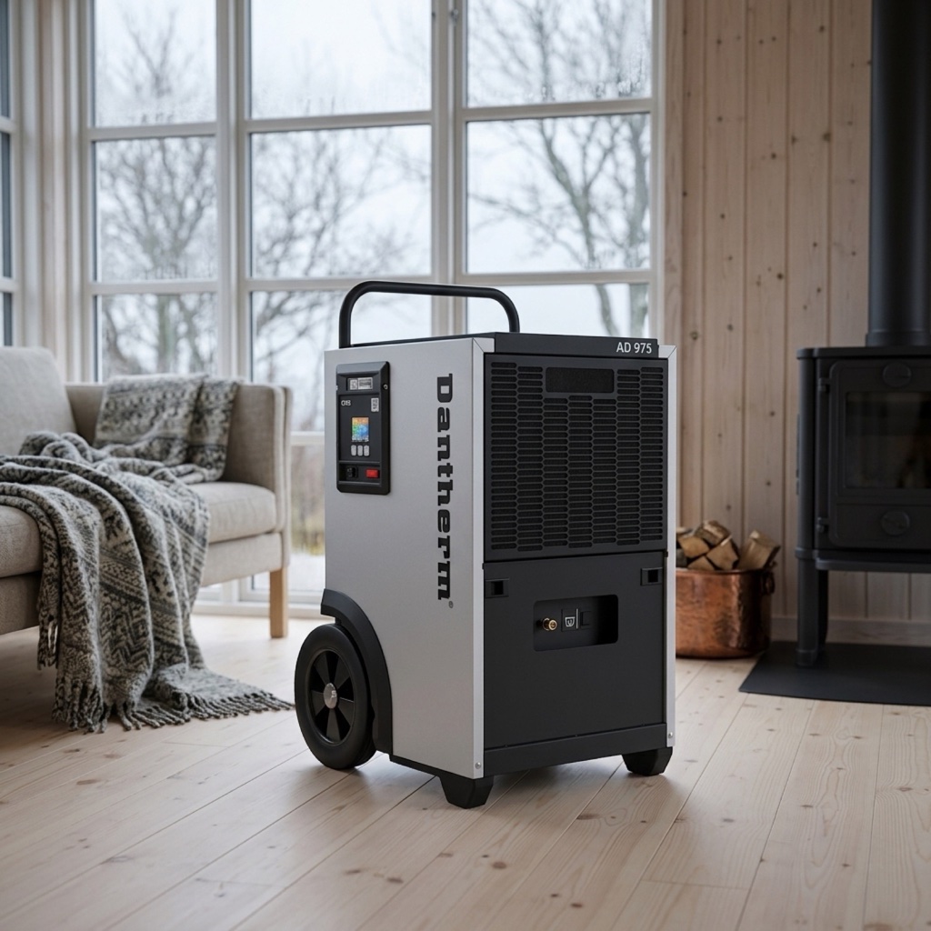 Vægmonteret Dantherm affugter i stuen i et lukket sommerhus om vinteren
